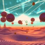A sunny desert landscape with rolling hills and floating spheres.