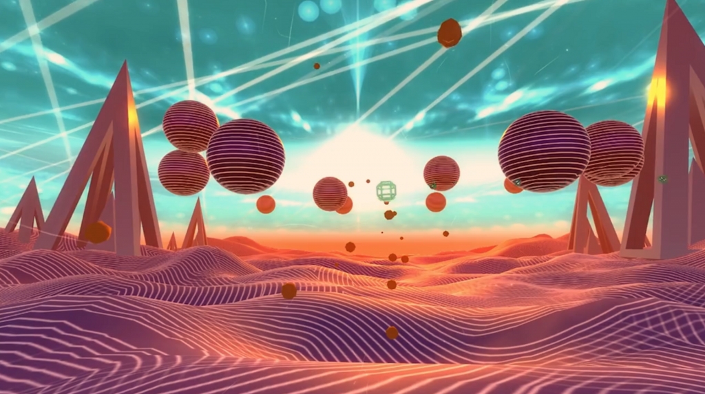 A sunny desert landscape with rolling hills and floating spheres.