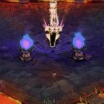 Zagreus facing the Bone Hydra in a cave in the Underworld.