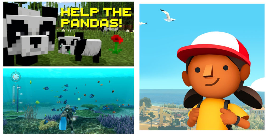Minecraft Pandas, Scuba diving in Endless Ocean: Blue World, and Alba from Alba: A Wildlife Adventure