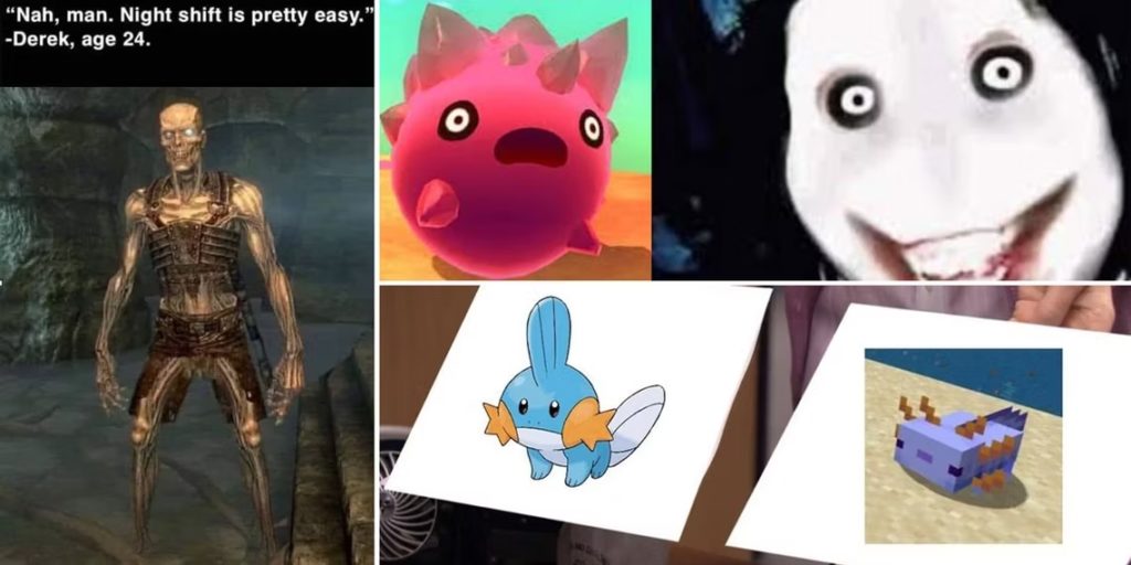 Memes of Skyrim, Pokémon, Slime Rancher, and Minecraft mobs.