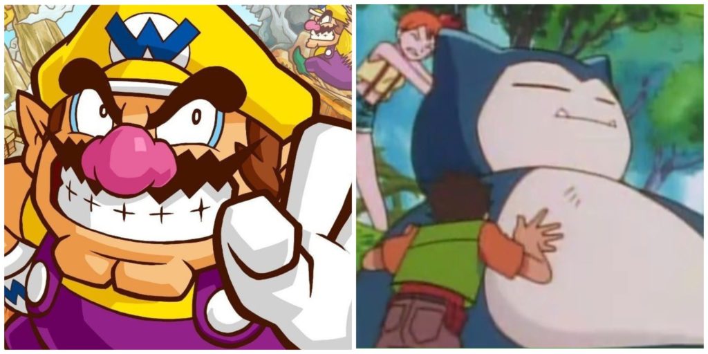 Left: Wario, in a yellow cap, purple overalls, and a moustache. Right: The rotund Pokémon Snorlax.