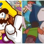 Left: Wario, in a yellow cap, purple overalls, and a moustache. Right: The rotund Pokémon Snorlax.