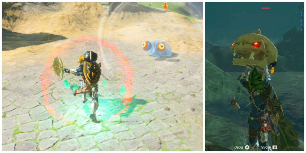 Left: Link swinging a Korok Leaf at a ChuChu. Right: Link holding a stalkoblin skull above his head.