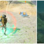 Left: Link swinging a Korok Leaf at a ChuChu. Right: Link holding a stalkoblin skull above his head.