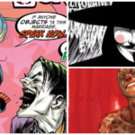 Left: Harley Quinn and Joker. Top-right: V for Vendetta. Bottom-right: Victor Zsasz.