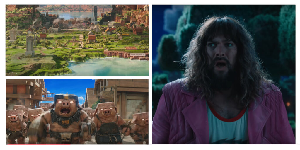 Top-left: Minecraft village in a valley. Bottom-left: Piglins in a village street in daytime, ready to fight. Right: Jason Momoa at night, with long, brown hair, a beard, and a pink blazer.