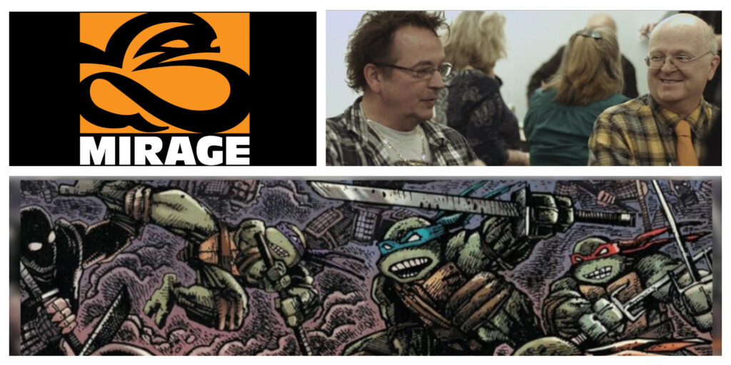 Top-Left: Mirage Studios logo. Top-right: Kevin Eastman and Peter Laird. Bottom: The Teenage Mutant Ninja Turtles fighting Foot Clan Soldiers.