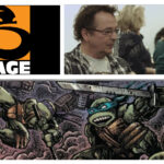 Top-Left: Mirage Studios logo. Top-right: Kevin Eastman and Peter Laird. Bottom: The Teenage Mutant Ninja Turtles fighting Foot Clan Soldiers.