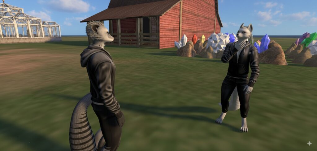 Two anthropomorphic foxes talking in front of a barn building adjacent to colorful mineral deposits.