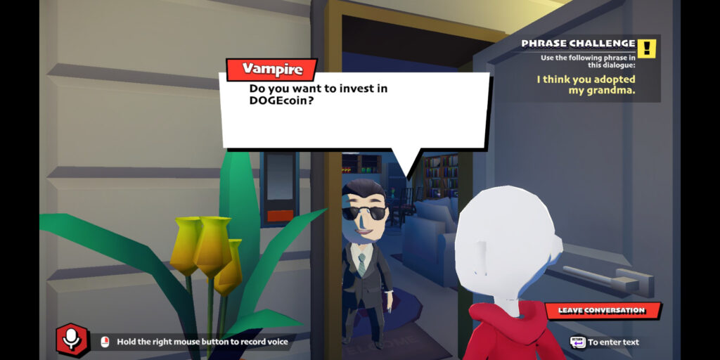 Vampire asking man in suit and glasses "Do you want to invest in DOGEcoin?